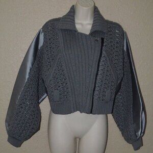 Sz 38 US 4 AVIU Gray Crop Chunky Knit Sweater Jacket with Satin Contrast Sleeves